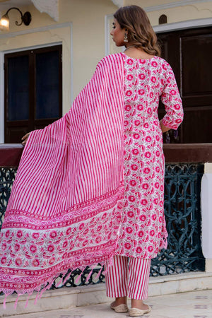 Pink Floral Printed Cotton Blend Kurti Pant Set (ACA6116)