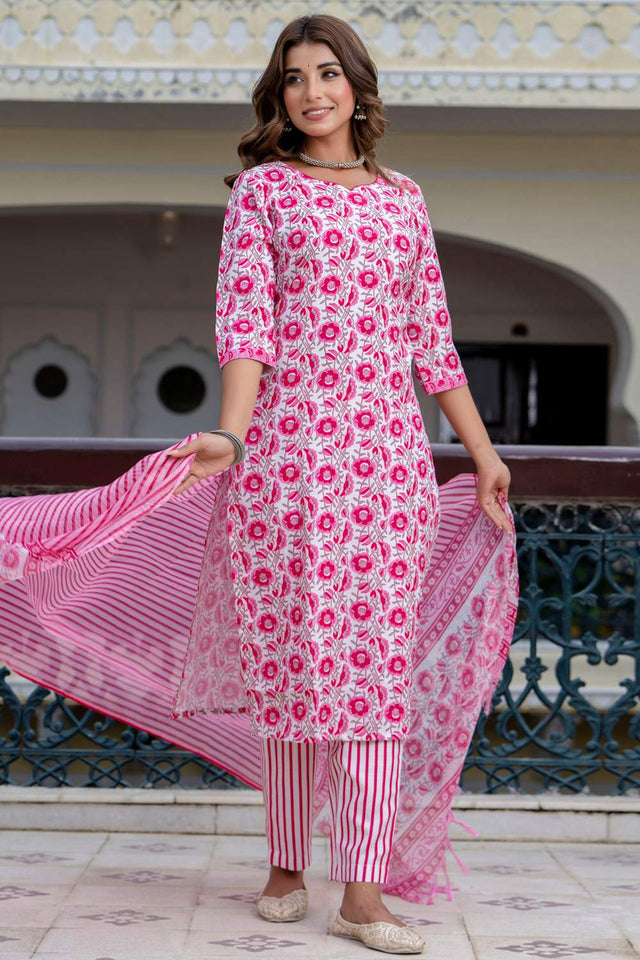 Pink Floral Printed Cotton Blend Kurti Pant Set (ACA6116)