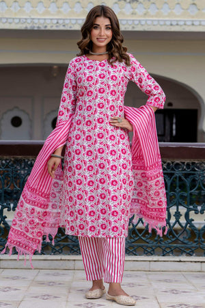 Pink Floral Printed Cotton Blend Kurti Pant Set (ACA6116)