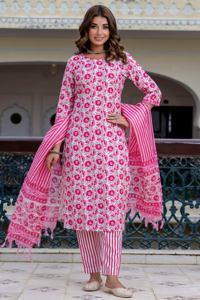Pink Floral Printed Cotton Blend Kurti Pant Set (ACA6116)