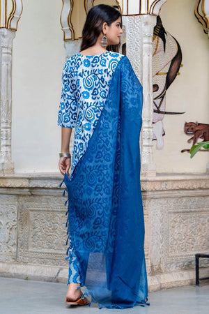 Blue Floral Printed Cotton Blend Kurti Pant Set (ACA6117)