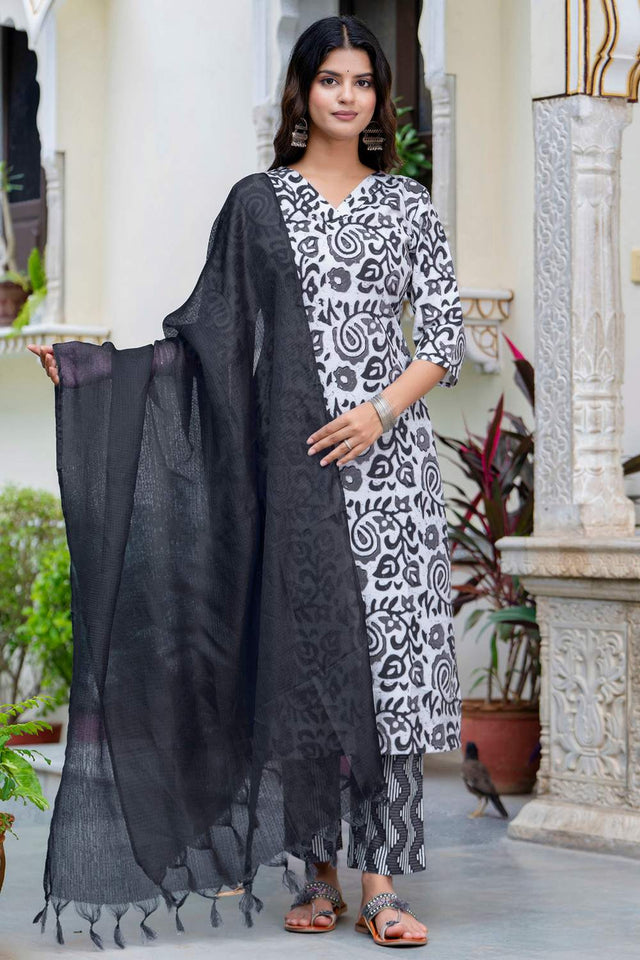 Black Floral Printed Cotton Blend Kurti Pant Set (ACA6118)