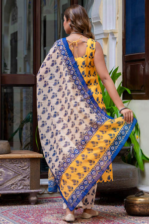 Yellow Floral Printed Cotton Blend Kurti Pant Set (ACA6119)