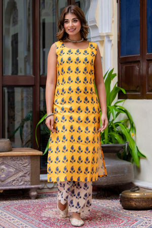 Yellow Floral Printed Cotton Blend Kurti Pant Set (ACA6119)