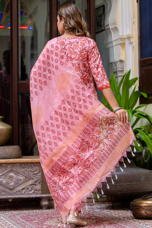 Peach Floral Printed Cotton Blend Kurti Pant Set (ACA6122)