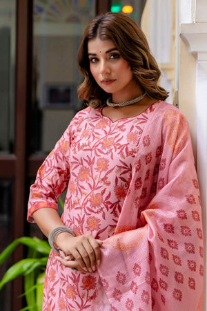 Peach Floral Printed Cotton Blend Kurti Pant Set (ACA6122)