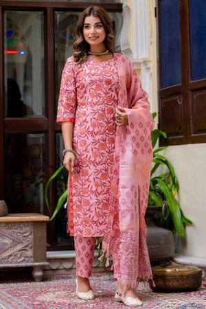 Peach Floral Printed Cotton Blend Kurti Pant Set (ACA6122)
