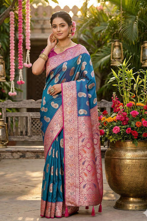 Blue Woven Silk Blend Saree (ACA6137)