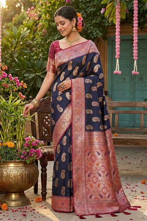 Navy Blue Woven Silk Blend Saree (ACA6139)