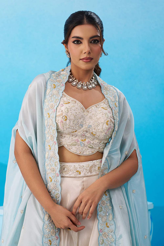 Cream Floral Embroidered Viscose Co-Ord Set (ACA6141)