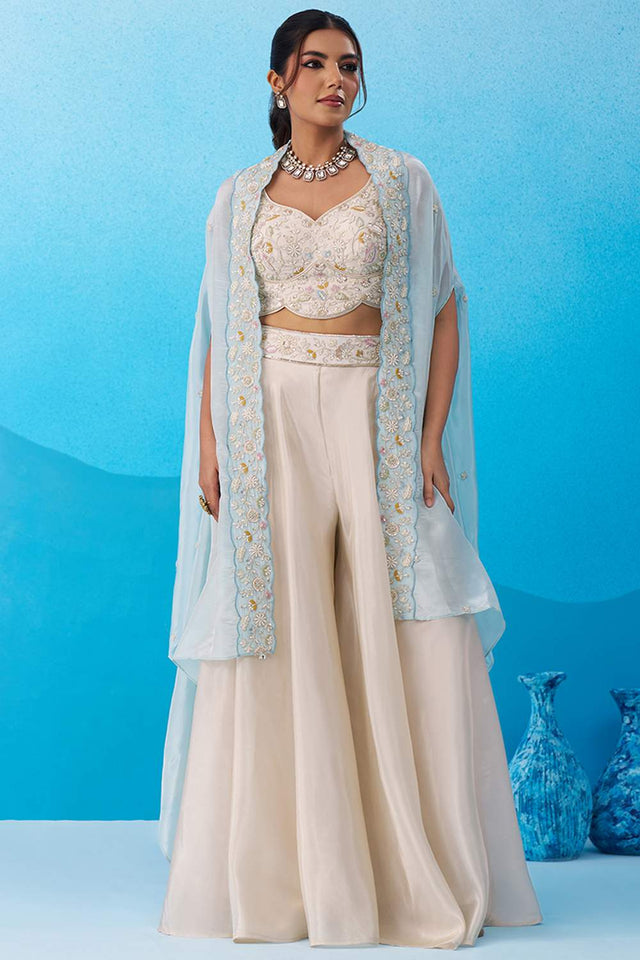 Cream Floral Embroidered Viscose Co-Ord Set (ACA6141)