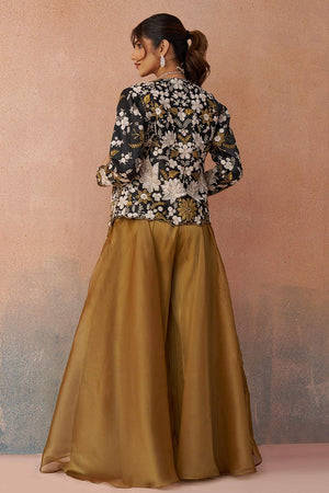 Mustard Floral Embroidered Tissue Co-Ord Set (ACA6142)