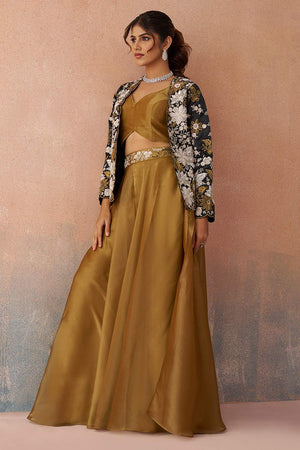 Mustard Floral Embroidered Tissue Co-Ord Set (ACA6142)
