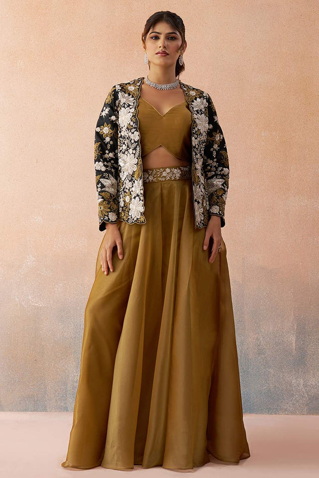 Mustard Floral Embroidered Tissue Co-Ord Set (ACA6142)