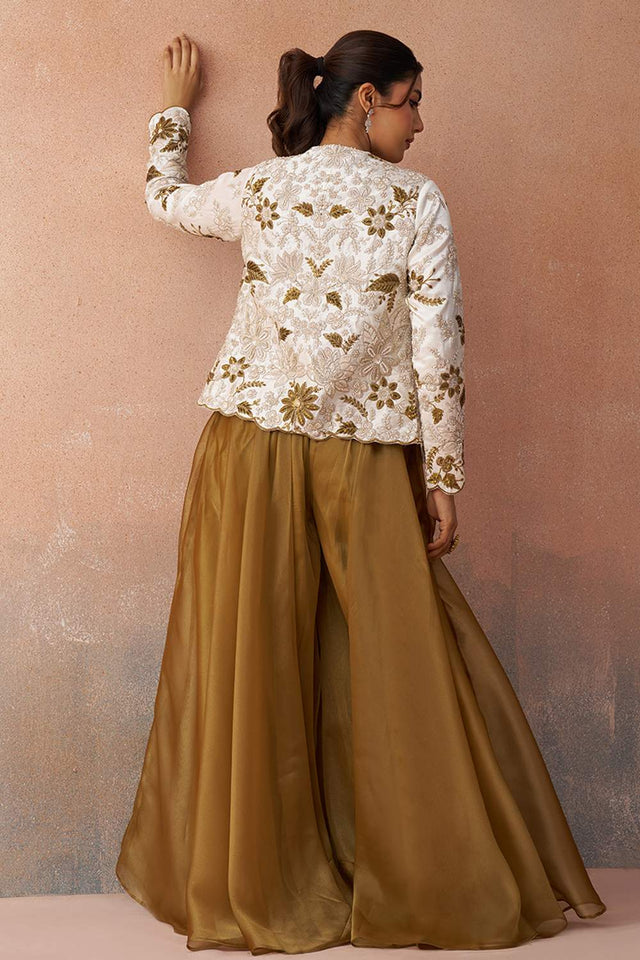Mustard Floral Embroidered Tissue Co-Ord Set (ACA6143)