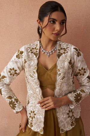 Mustard Floral Embroidered Tissue Co-Ord Set (ACA6143)