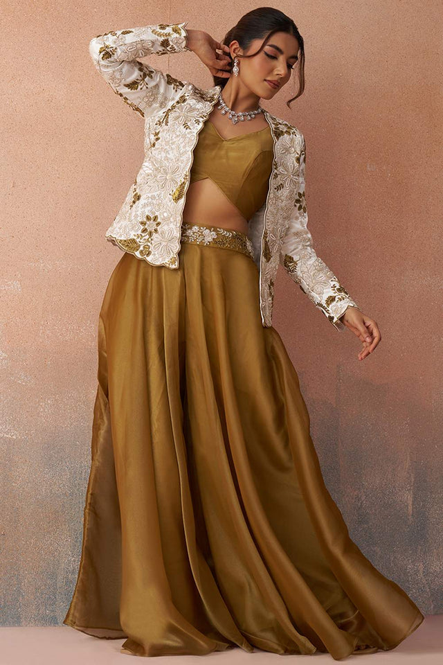 Mustard Floral Embroidered Tissue Co-Ord Set (ACA6143)