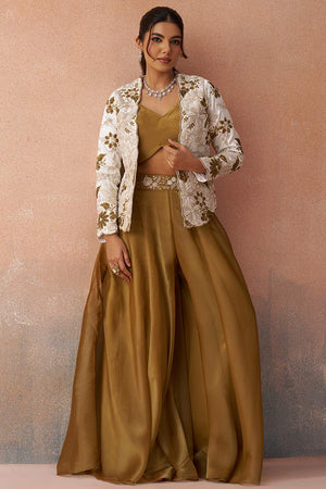 Mustard Floral Embroidered Tissue Co-Ord Set (ACA6143)