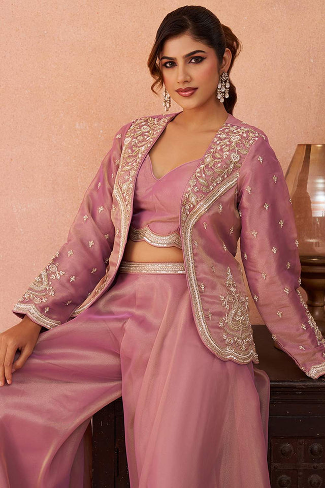 Pink Floral Embroidered Tissue Co-Ord Set (ACA6144)
