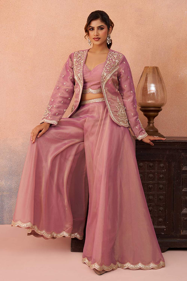 Pink Floral Embroidered Tissue Co-Ord Set (ACA6144)
