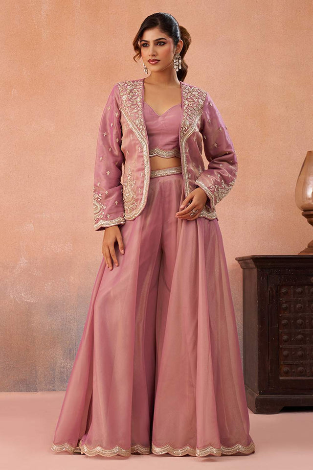 Pink Floral Embroidered Tissue Co-Ord Set (ACA6144)