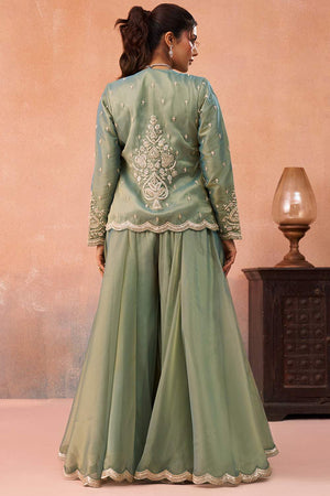 Green Floral Embroidered Tissue Co-Ord Set (ACA6145)