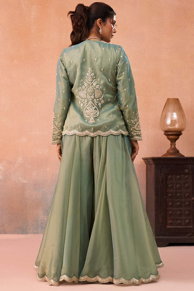 Green Floral Embroidered Tissue Co-Ord Set (ACA6145)