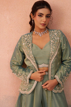 Green Floral Embroidered Tissue Co-Ord Set (ACA6145)