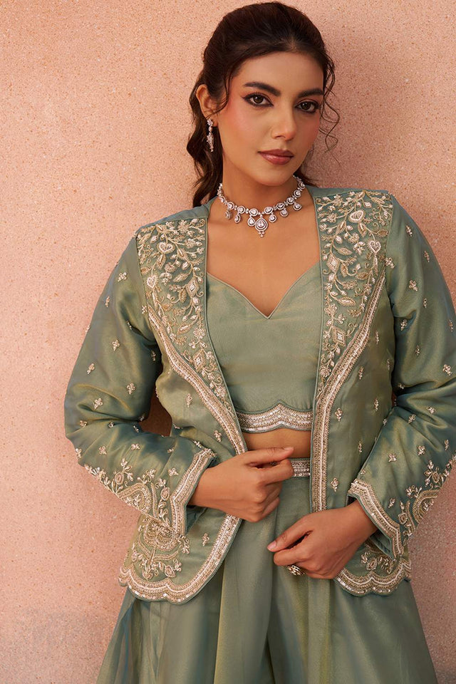 Green Floral Embroidered Tissue Co-Ord Set (ACA6145)