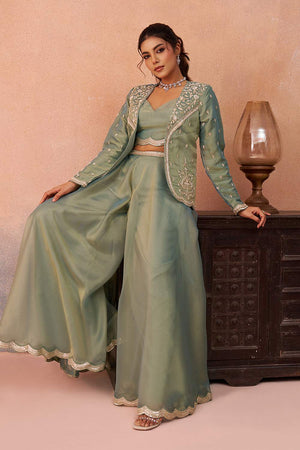 Green Floral Embroidered Tissue Co-Ord Set (ACA6145)
