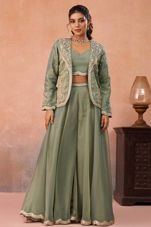 Green Floral Embroidered Tissue Co-Ord Set (ACA6145)