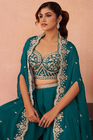 Turquoise Floral Embroidered Organza Co-Ord Set (ACA6146)