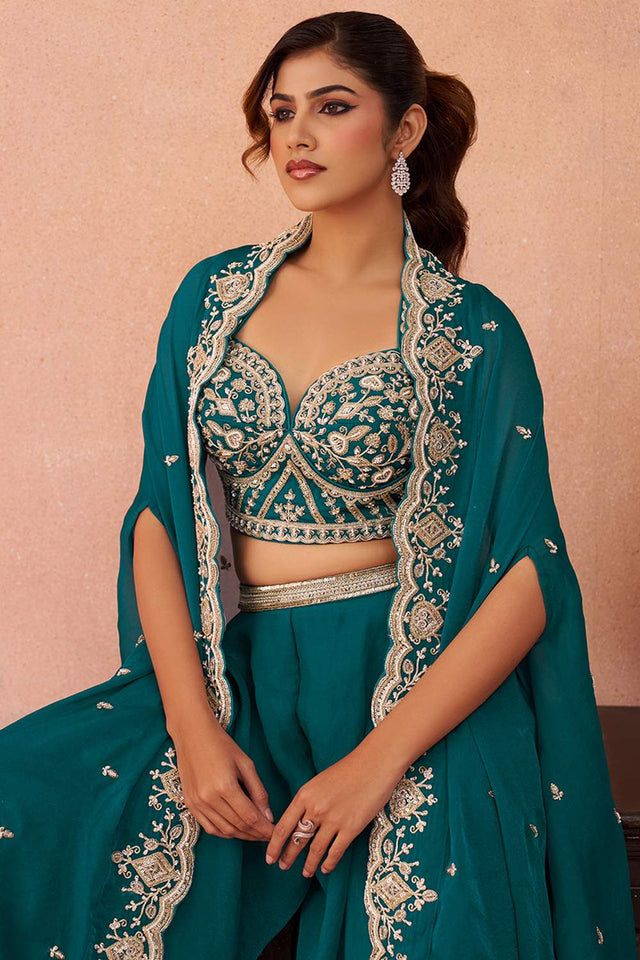 Turquoise Floral Embroidered Organza Co-Ord Set (ACA6146)