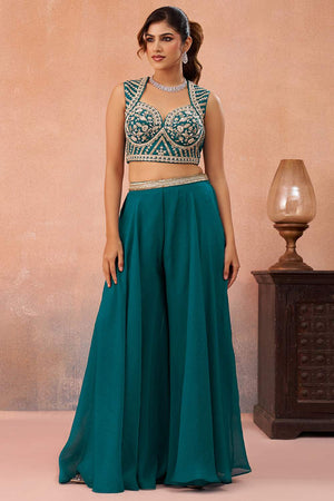 Turquoise Floral Embroidered Organza Co-Ord Set (ACA6146)