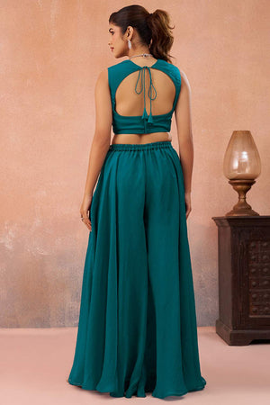 Turquoise Floral Embroidered Organza Co-Ord Set (ACA6146)