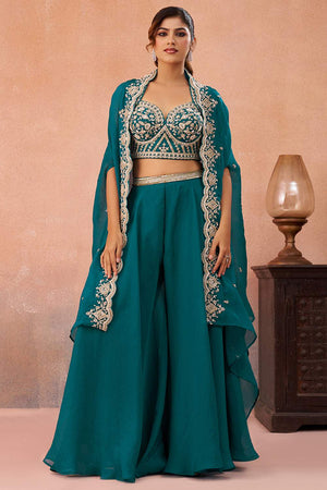 Turquoise Floral Embroidered Organza Co-Ord Set (ACA6146)