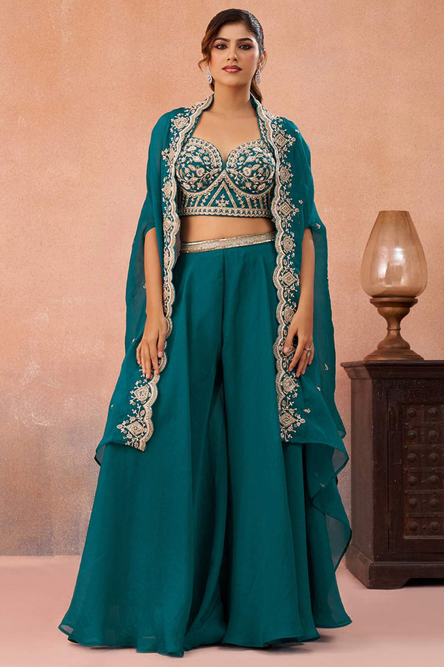 Turquoise Floral Embroidered Organza Co-Ord Set (ACA6146)
