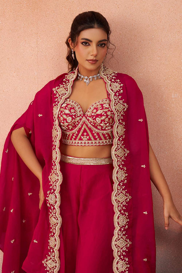 Pink Floral Embroidered Organza Co-Ord Set (ACA6147)