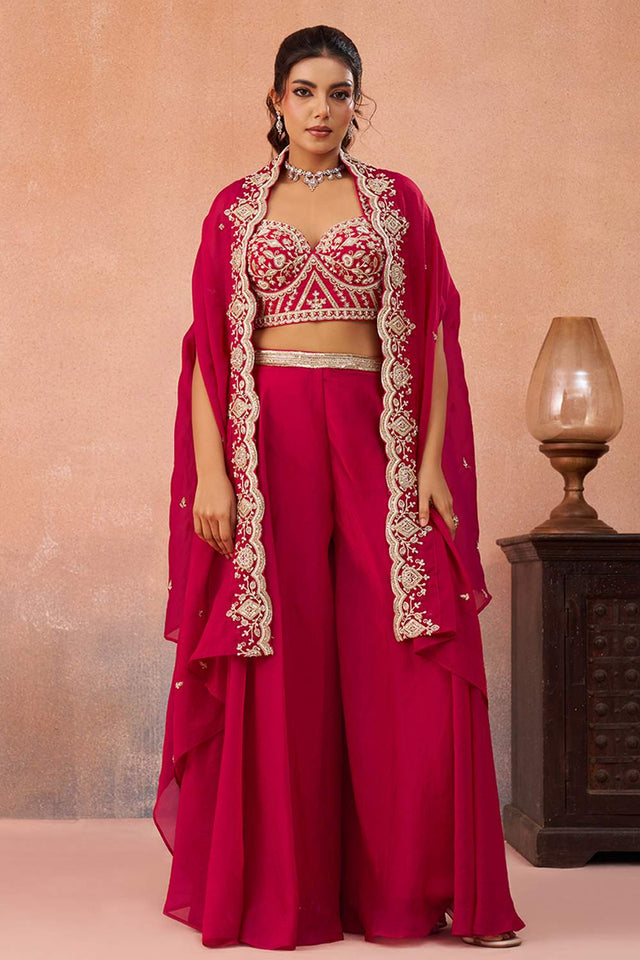 Pink Floral Embroidered Organza Co-Ord Set (ACA6147)