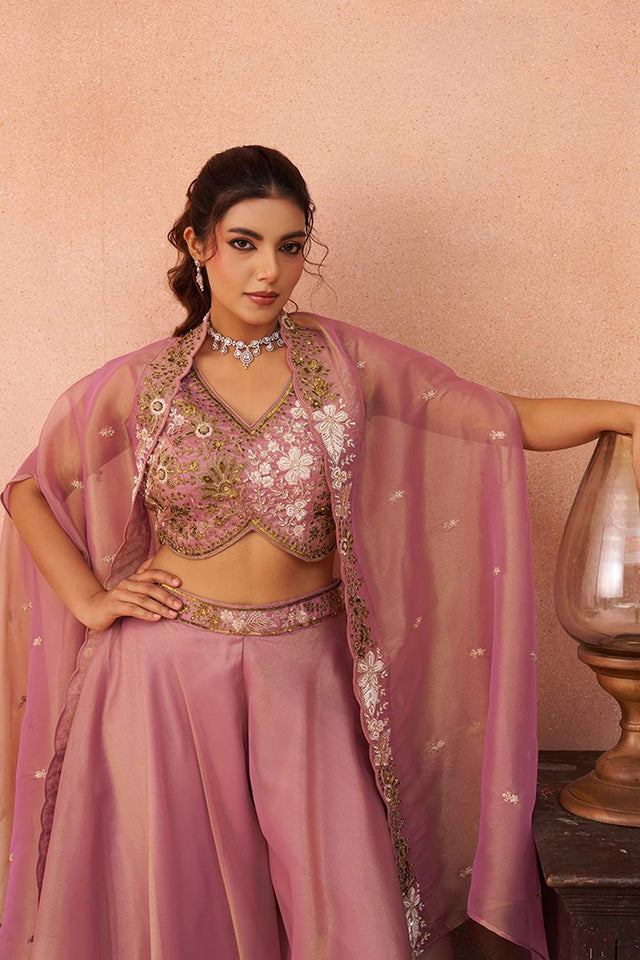 Pink Floral Embroidered Tissue Co-Ord Set (ACA6148)