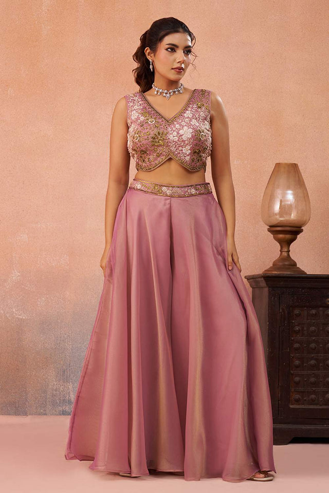 Pink Floral Embroidered Tissue Co-Ord Set (ACA6148)