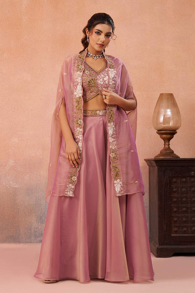Pink Floral Embroidered Tissue Co-Ord Set (ACA6148)