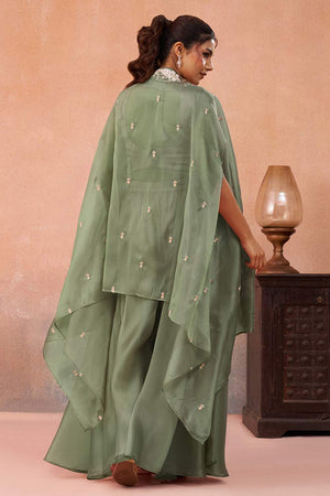 Green Floral Embroidered Tissue Co-Ord Set (ACA6149)