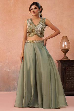Green Floral Embroidered Tissue Co-Ord Set (ACA6149)