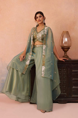 Green Floral Embroidered Tissue Co-Ord Set (ACA6149)
