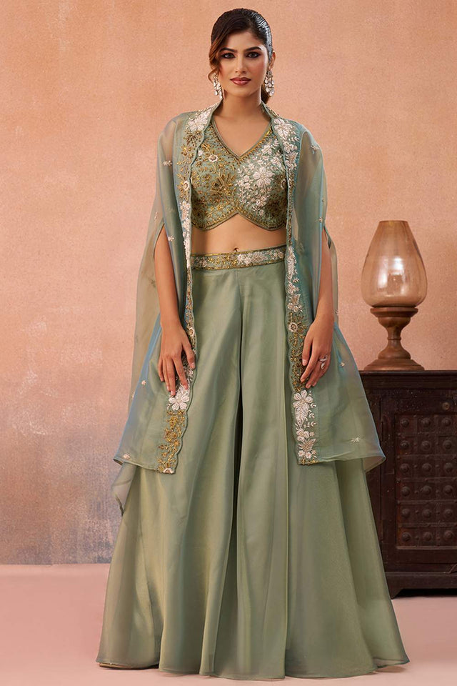 Green Floral Embroidered Tissue Co-Ord Set (ACA6149)