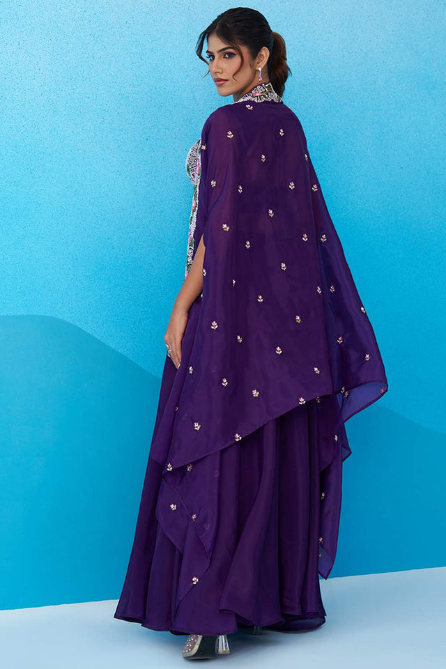 Violet Floral Embroidered Crepe Co-Ord Set (ACA6150)