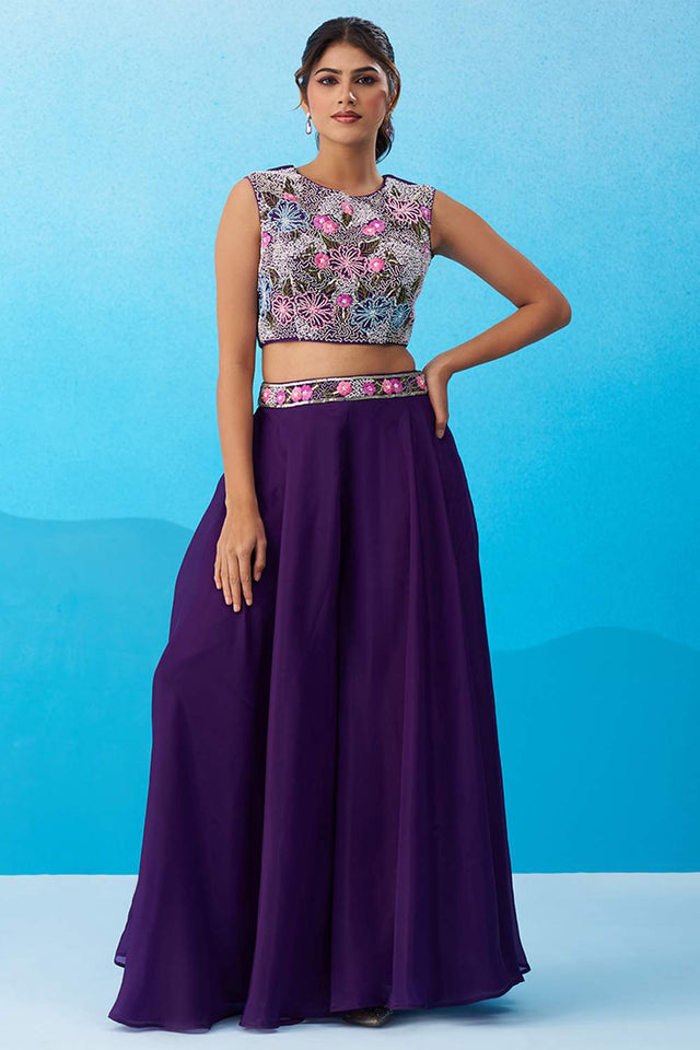Violet Floral Embroidered Crepe Co-Ord Set (ACA6150)