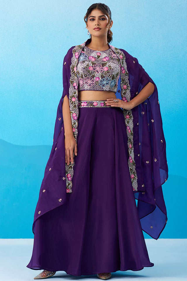 Violet Floral Embroidered Crepe Co-Ord Set (ACA6150)