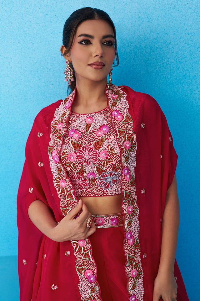 Pink Floral Embroidered Crepe Co-Ord Set (ACA6151)